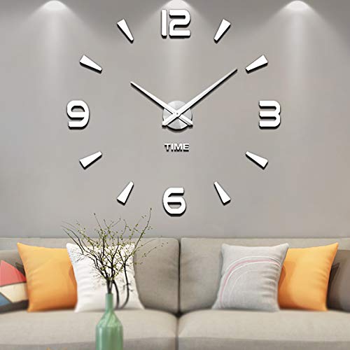 VANGOLD DIY Reloj de Pared sin Marco Espejo Grande 3D Sticker-2 años de garantía (Plata-73)