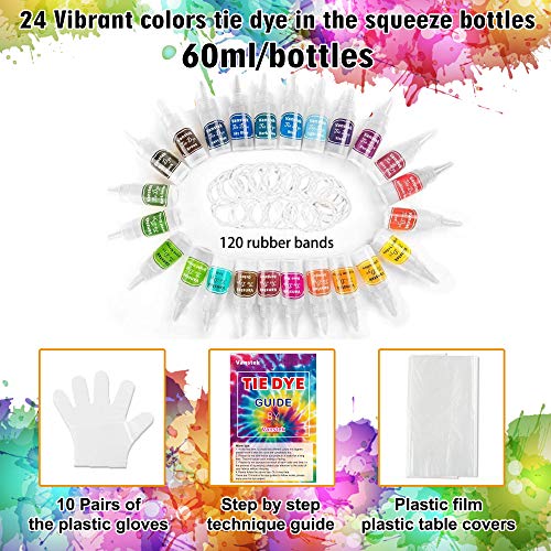 Vanstek Tie Dye DIY Kit, 24 colores Tie Dye Camisa tela tinte para mujeres, niños, hombres, con bandas de goma, guantes, película de plástico y manteles para familia amigos verano suministros