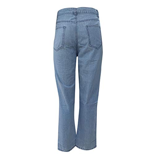 Vaqueros Rectos Sueltos para Mujer Jeans Rotos de Color Sólido Pantalones Anchos de Algodón de Piernas Anchos Pantalones Femenino Informal con Bolsillo para Mujer (Azul, S)