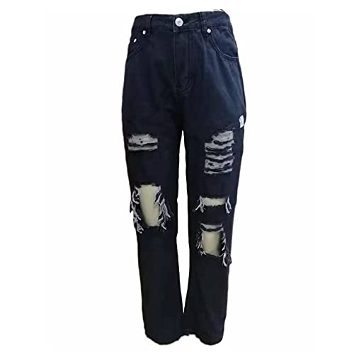 Vaqueros Rotos de Mujer Jeans Rasgados Pantalones Rectos de Denim para Mujer Vaqueros de Color Sólido con Bolsillos (Negro, M)