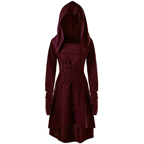 Vestido de otoño e Invierno para Mujer con Mangas largas Túnica con cordón en Estilo gótico Traje Medieval Ropa de Noche Elegante de Color sólido Sudadera con Capucha de Vacaciones Camiseta sin Dedos