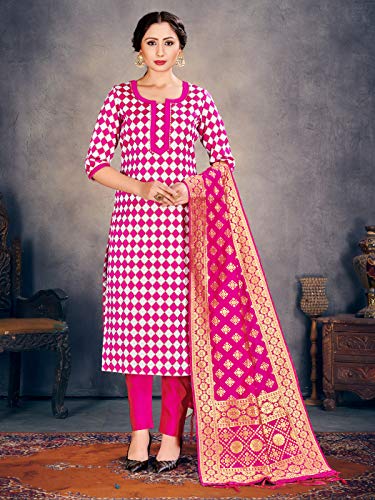 Vestido tejido prefabricado en Pakistaní india para mujer | Banarasi Art Silk Salwar Kameez | Seda Dupatta Traje cosido, rosa, XL