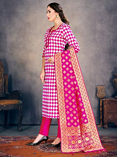 Vestido tejido prefabricado en Pakistaní india para mujer | Banarasi Art Silk Salwar Kameez | Seda Dupatta Traje cosido, rosa, XL