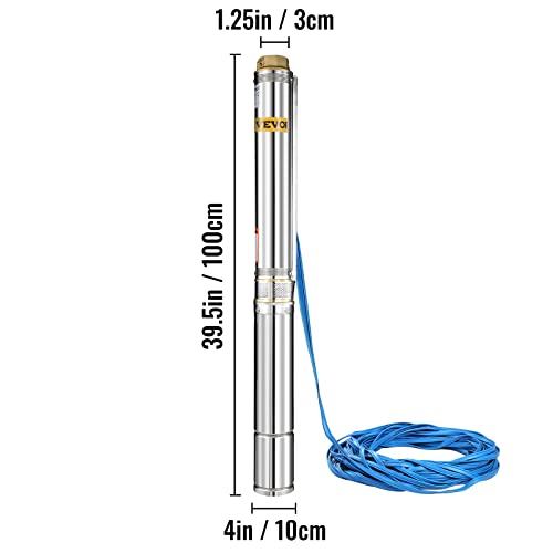 VEVOR Bomba para Pozos Profundos 1,5 HP /1,1 KW, Bomba Sumergible de Agua con Agujero Subacuático de 220 V, Bomba Sumergible de Acero Inoxidable Altura 104 m Cable de 40 m con Caja de Control