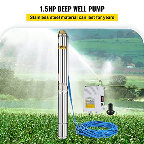 VEVOR Bomba para Pozos Profundos 1,5 HP /1,1 KW, Bomba Sumergible de Agua con Agujero Subacuático de 220 V, Bomba Sumergible de Acero Inoxidable Altura 104 m Cable de 40 m con Caja de Control