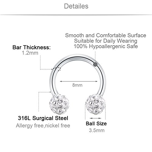 VF VFUN 16G Piercing Caballo Oreja Helix Piercing Nariz Labio Ceja Anillo Falso Piercing Tragus Cartilago Septum Acero Inoxidable Cristal Bola 8 Piezas