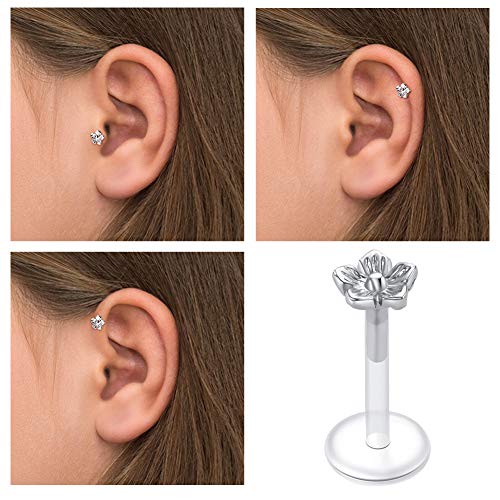 VFUN 16G Caballo Piercing Oreja Cartilago Piercing Nariz Labio Ceja Piercing Labio Claire Acero Inoxidable & Bioflex Piercing Helix Tragus Conch para Mujer Hombre Plata