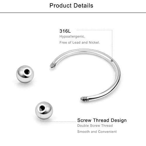 VFUN 16G Caballo Piercing Oreja Cartilago Piercing Nariz Labio Ceja Piercing Labio Claire Acero Inoxidable & Bioflex Piercing Helix Tragus Conch para Mujer Hombre Plata