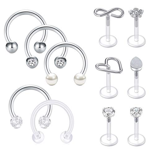 VFUN 16G Caballo Piercing Oreja Cartilago Piercing Nariz Labio Ceja Piercing Labio Claire Acero Inoxidable & Bioflex Piercing Helix Tragus Conch para Mujer Hombre Plata