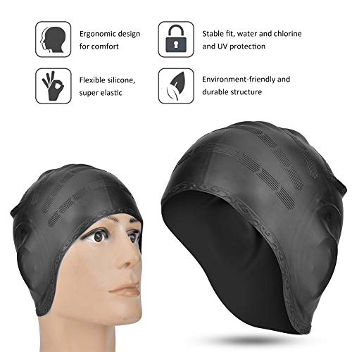 VGEBY - Gorro de baño de silicona para piscina, cómodo para el pelo largo y con capucha, Negro