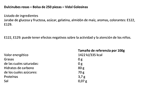 Vidal Golosinas Dulcinubes, Nubes de Inconfundible y Delicioso Sabor Vainilla, Color Rosa, Bolsa 125 Unidades, Mezcla de Frutas, 838 Grams