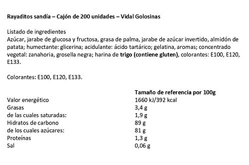 Vidal Golosinas. Rayaditos Sandía. Regaliz Relleno con intenso sabor sandía. Color Verde y su interior rosa. Bandeja 200 unidades