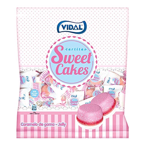 Vidal Golosinas Sweet Cakes. Caramelos de goma en forma de tartitas con delicioso sabor a fresa nata. Envuelta individual. Bolsa 200 unidades