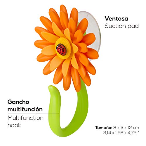 VIGAR Flower Power Gancho con Ventosa, PP, Goma, PPN, PVC Friendly, Naranja y Verde, Dimensiones: 8 x 5 x 12 cm, 2 Unidades