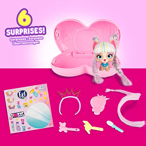 VIP Pets Mini Fans - Mini perritas muñecas coleccionables sorpresas con pelo largo para peinar y accesorios, Capsula corazón arcoíris - modelo sorpresa