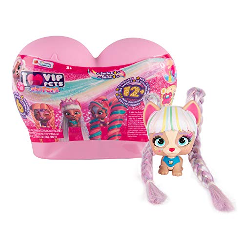 VIP Pets Mini Fans - Mini perritas muñecas coleccionables sorpresas con pelo largo para peinar y accesorios, Capsula corazón arcoíris - modelo sorpresa