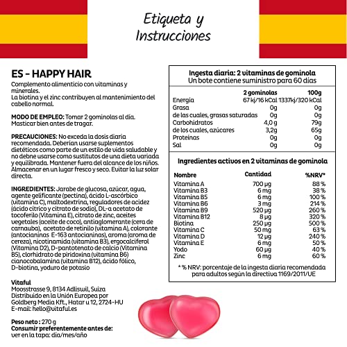 VITAFUL Happy Hair - Ayuda a un Rápido Crecimiento de Cabello y Promueve un Cabello, Uñas y Piel - 10 Vitaminas, 2 Minerales y Biotina Extra - 120 Gomitas Suplemento para 2 Meses - 100% Vegano