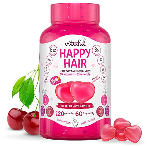 VITAFUL Happy Hair - Ayuda a un Rápido Crecimiento de Cabello y Promueve un Cabello, Uñas y Piel - 10 Vitaminas, 2 Minerales y Biotina Extra - 120 Gomitas Suplemento para 2 Meses - 100% Vegano