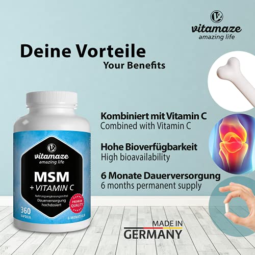 Vitamaze® MSM Capsulas con Vitamina C, 360 Capsulas durante 6 Meses, 1334 mg de Dosis Diaria de Micronizado Azufre Polvo Organico, 99,9% de Metilsulfonilmetano Puro, Suplemento de calidad de Alemania