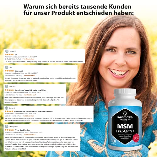 Vitamaze® MSM Capsulas con Vitamina C, 360 Capsulas durante 6 Meses, 1334 mg de Dosis Diaria de Micronizado Azufre Polvo Organico, 99,9% de Metilsulfonilmetano Puro, Suplemento de calidad de Alemania