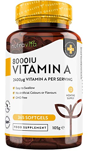 Vitamina A 8000 UI - Suministro para 1 año - 365 cápsulas blandas de la máxima potencia, fáciles de tragar - 2400 μg de vitamina A en cada cápsula - Producto elaborado por Nutravita en el Reino Unido