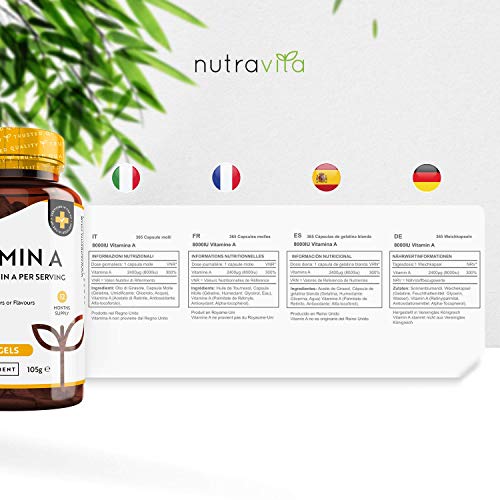 Vitamina A 8000 UI - Suministro para 1 año - 365 cápsulas blandas de la máxima potencia, fáciles de tragar - 2400 μg de vitamina A en cada cápsula - Producto elaborado por Nutravita en el Reino Unido