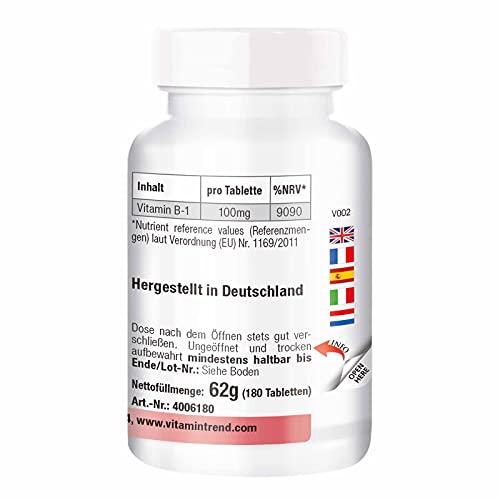 Vitamina B1 Tiamina 100mg –Bote para ¡6 MESES! – 180 comprimidos de vitamina B – altas dosis de tiamina – para el metabolismo– energía