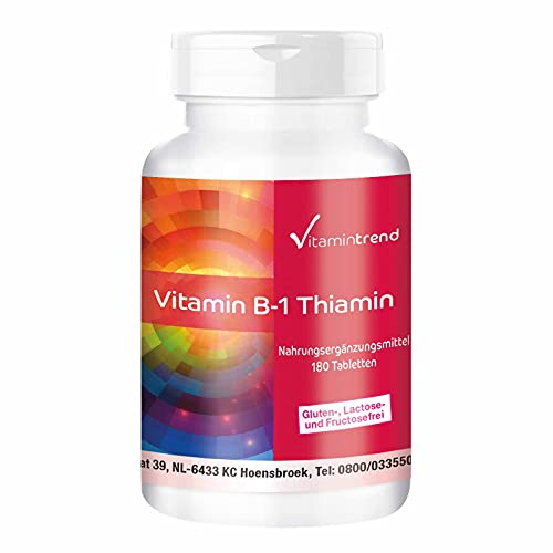 Vitamina B1 Tiamina 100mg –Bote para ¡6 MESES! – 180 comprimidos de vitamina B – altas dosis de tiamina – para el metabolismo– energía