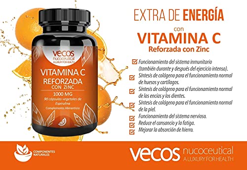 Vitamina C 1000 mg con Zinc para Reforzar el Sistema Inmunológico | 90 Cápsulas Vegetales | Ayuda a Reducir el Cansancio y la Fatiga | Potente Antioxidante Natural