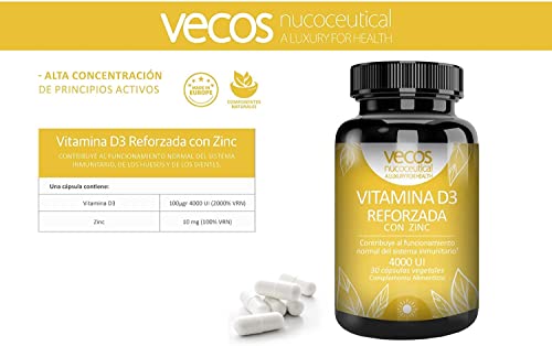Vitamina D con Zinc en Cápsulas Vegetales - Para el Mantenimiento de Tus Huesos - Vitaminas para Reforzar el Sistema Inmunológico - Mejora la Absorción de Calcio y Fósforo - Vecos