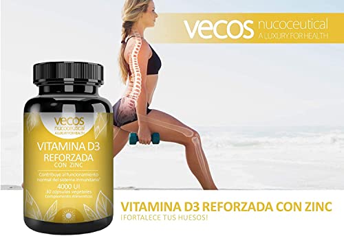 Vitamina D con Zinc en Cápsulas Vegetales - Para el Mantenimiento de Tus Huesos - Vitaminas para Reforzar el Sistema Inmunológico - Mejora la Absorción de Calcio y Fósforo - Vecos
