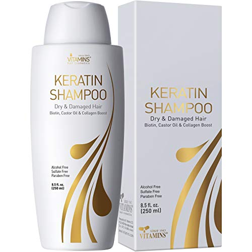 Vitamins Champú de Keratina sin Sulfatos - Shampoo con Biotina, Colágeno, Aceite Castor Oil - Tratamiento Suavizante Activador de Rizos para Cabello Seco Dañado o Graso