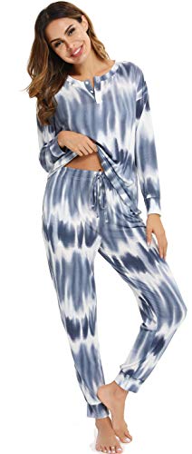 Vlazom Conjunto de Pijamas para Mujer, Parte Superior de Manga Larga, Pijama Suave y Parte Superior a Cuadros,S,B-Azul Marino