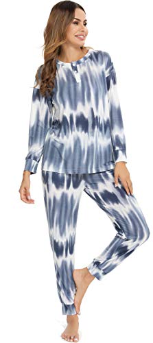 Vlazom Conjunto de Pijamas para Mujer, Parte Superior de Manga Larga, Pijama Suave y Parte Superior a Cuadros,S,B-Azul Marino