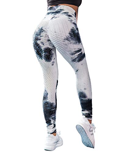 Voqeen Pantalones de Adelgazantes Mujer Leggins Reductores Adelgazantes Leggings de Yoga Tie-Dye Anticeluliticos Cintura Alta Mallas Fitness Push Up para Deporte Mallas (A - Blanco & Negro, S)