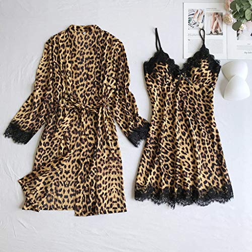 waotier Pijamas de Seda Satinada Conjuntos Mujer Vestido de Noche Lencería Batas Estampado de Leopardo Ropa Interior Ropa de Dormir 3PC