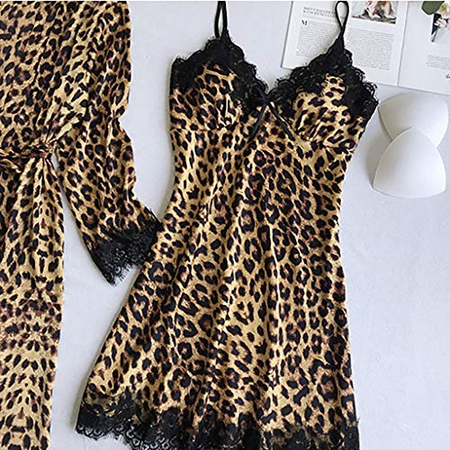 waotier Pijamas de Seda Satinada Conjuntos Mujer Vestido de Noche Lencería Batas Estampado de Leopardo Ropa Interior Ropa de Dormir 3PC