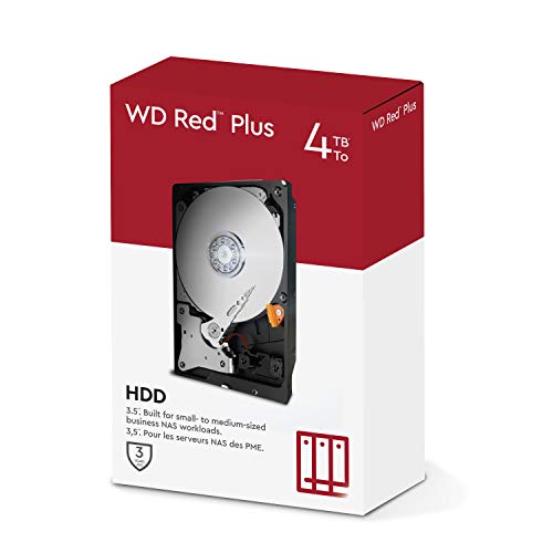 WD Red Plus NAS Disco duro interno de 3.5 pulgadas 4 TB Clase de 5400 r. p. m., SATA de 6 Gb/s, CMR y Caché de 64 MB
