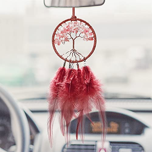 Weldomcor Atrapasueños para coche, árbol de la vida, mini atrapasueños para coche, espejo retrovisor colgante, accesorio para colgar, 7,6 cm de diámetro, color rojo