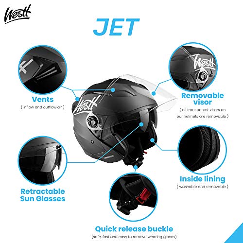 Westt Jet Casco de Moto Abierto Negro Mate con Doble Visera - Motocicleta Scooter - Certificado ECE, L (59-60CM)