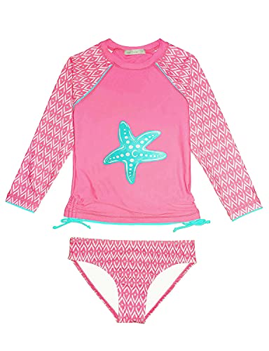 weVSwe Bañador para niña con protección UPF 50+ de manga larga, dos piezas, nudo de lazo, camiseta de baño con volantes, Estrella de mar rosa., 7-8 Años