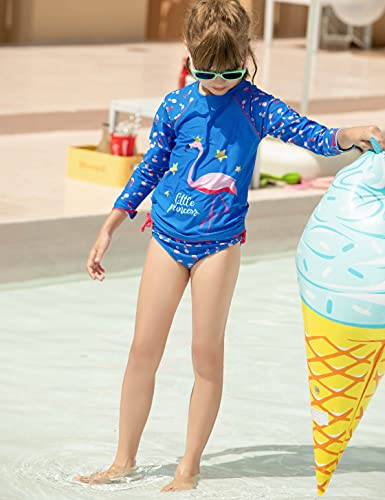 weVSwe Bañador para niña con protección UPF 50+ de manga larga, dos piezas, nudo de lazo, camiseta de baño con volantes, Flamingo azul., 7-8 Años