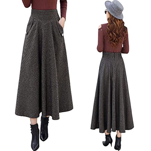Whhhciy Falda de lana para mujer con cintura alta, línea A, falda larga acampanada para otoño e invierno, plisada, cálida, con bolsillos, Coffeegrid, XL