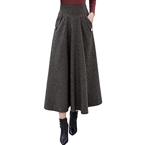 Whhhciy Falda de lana para mujer con cintura alta, línea A, falda larga acampanada para otoño e invierno, plisada, cálida, con bolsillos, Coffeegrid, XL