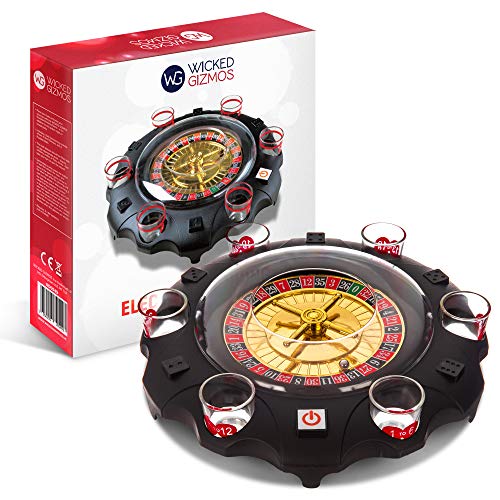 Wicked Gizmos - Juego de ruleta con rueda giratoria eléctrica, 6 vasos de chupito numerados y de colores y bolas de ruleta de calidad