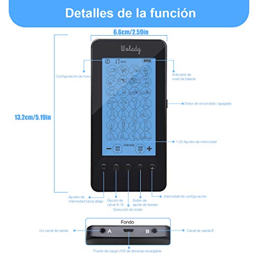 Wolady Masajeador Electroestimulador Digital EMS TENS Masaje Recargable 28 Modo 2 Canales Masajeador Portatil Estimulador Eléctrico Muscular 8 Electrodos 20 Pulsos Aliviar Dolor Espalda Cuello Hombro