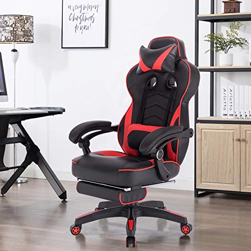 WOLTU Racing Sillas de Escritorio Cuero sintético Gaming Silla de Oficina Ergonómica Silla de Ordenador Taburete Giratoria de Oficina con Ruedas Silla Rojo BS71rt