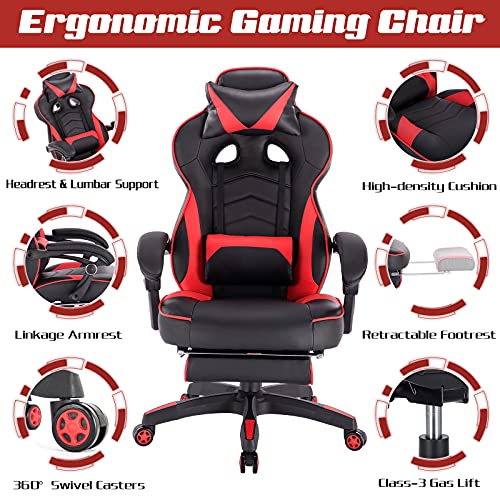 WOLTU Racing Sillas de Escritorio Cuero sintético Gaming Silla de Oficina Ergonómica Silla de Ordenador Taburete Giratoria de Oficina con Ruedas Silla Rojo BS71rt