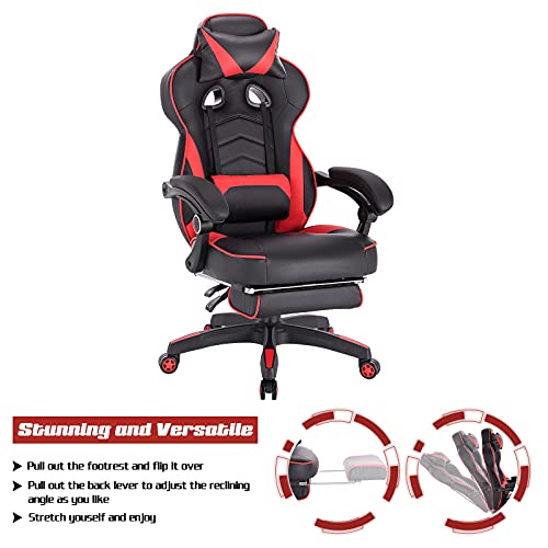 WOLTU Racing Sillas de Escritorio Cuero sintético Gaming Silla de Oficina Ergonómica Silla de Ordenador Taburete Giratoria de Oficina con Ruedas Silla Rojo BS71rt