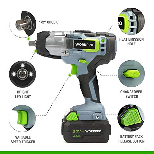 WORKPRO Llave de Impacto Inalámbrica 20V, 300NM Atornillador Impacto con Batería 4,0 Ah, Mandril de 13 mm(1/2"), Velocidad Variable hasta 3200rpm, Cargador Rápido, Luz LED